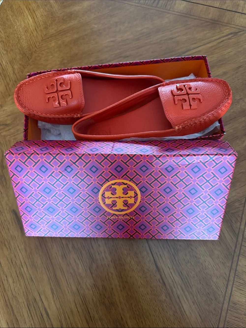 Tory Burch Coral Leather Driving Loafers New in Box
